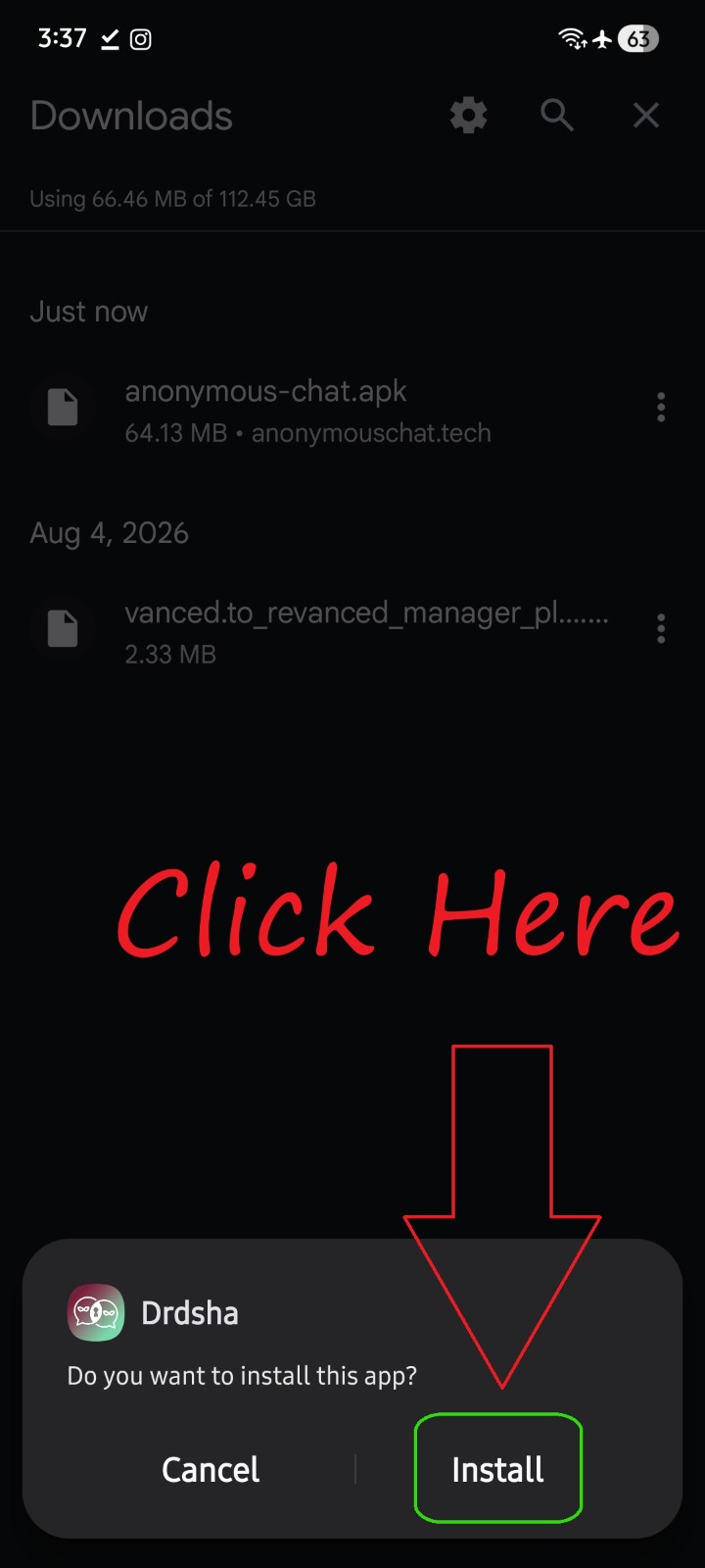 Android Downloads screen showing anonymous-chat.apk with Install button highlighted