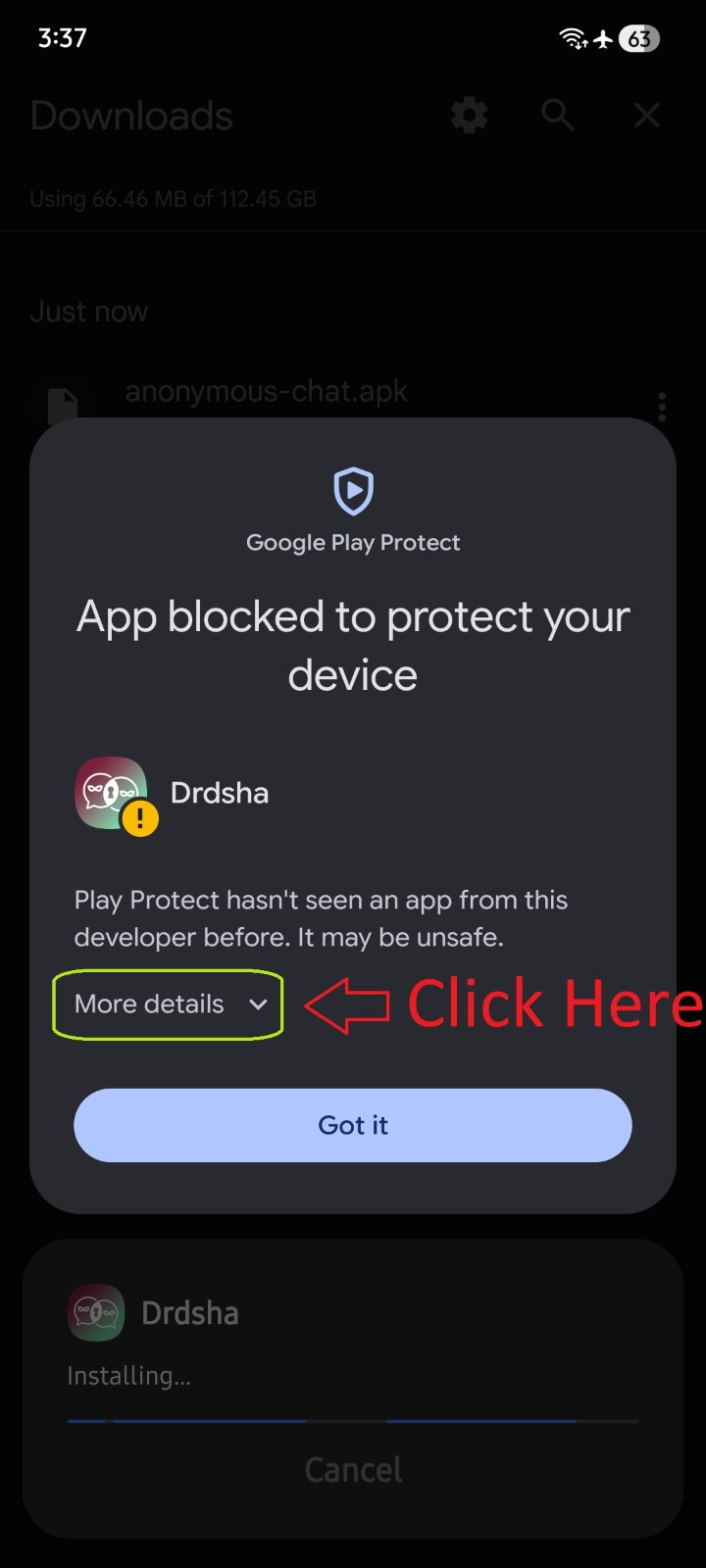 Google Play Protect blocked dialog with More details option highlighted