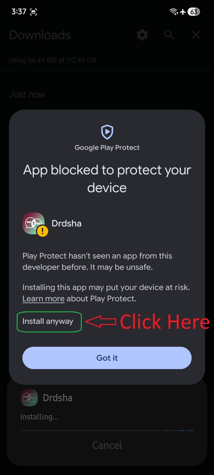 Play Protect screen with Install anyway button highlighted