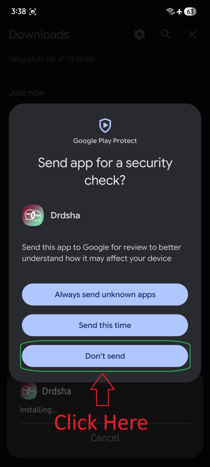 Send app for security check dialog with Don't send button highlighted